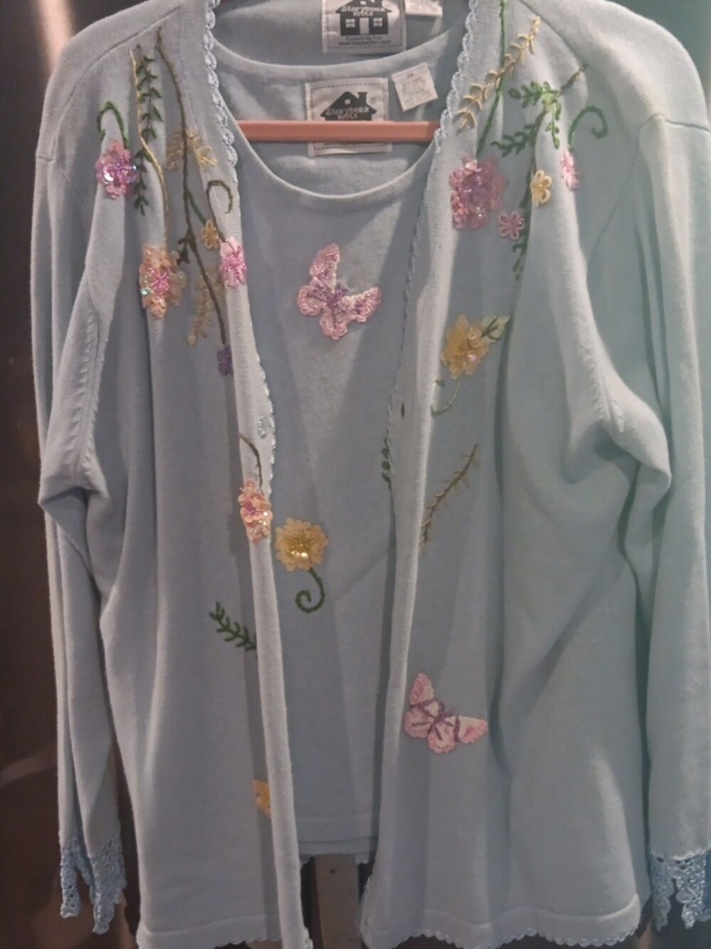 Storybook Knits Light Blue Embroidered Floral & Butterfly Cardigan Set